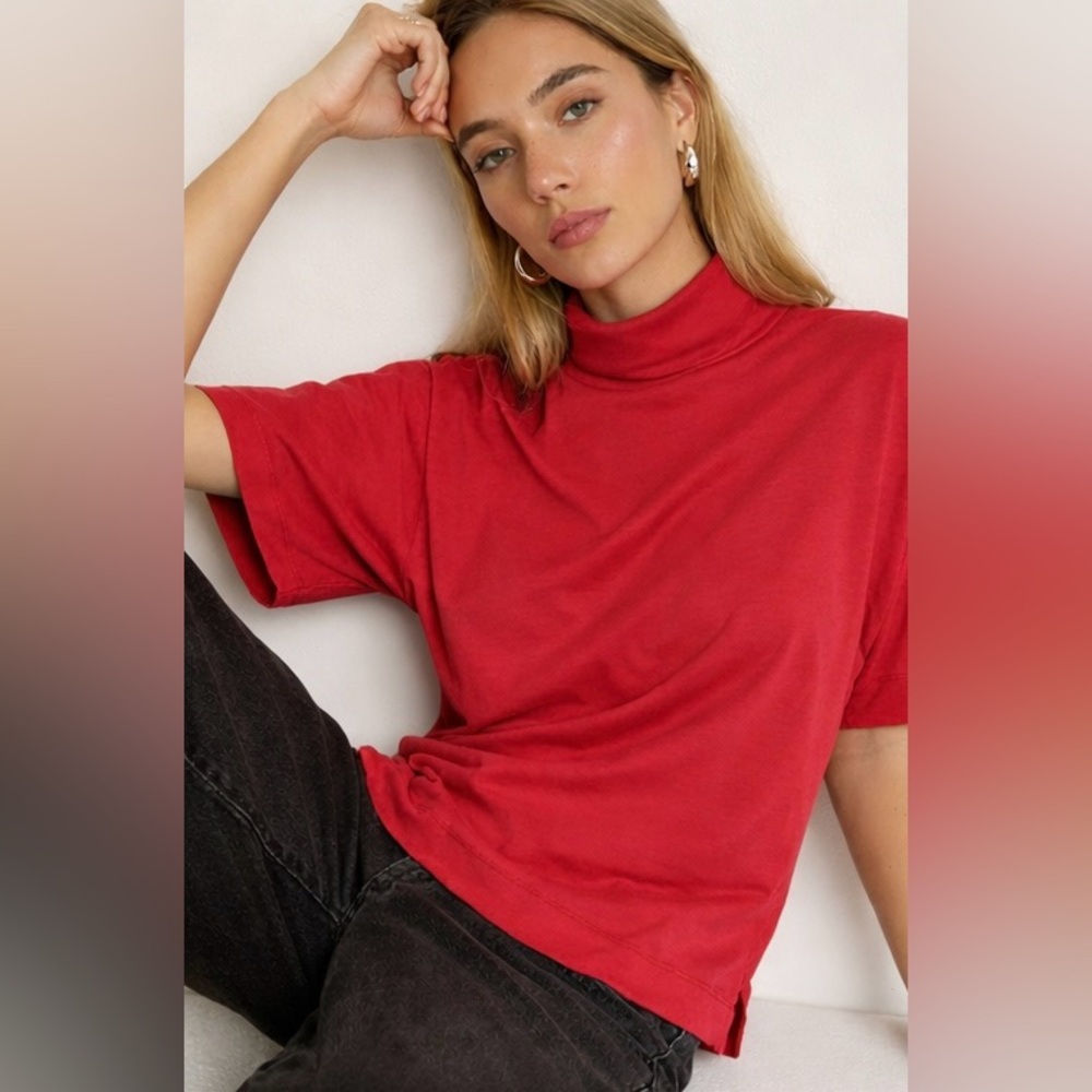 NATION LTD. Fable in Brick - Mockneck Short Sleeve Top in Red